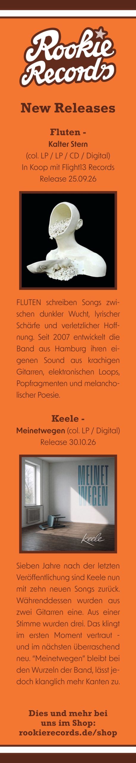 Zwei neue Plattenreleases bei Rookie Records: 'Fluten* im September und 'Keele' im Oktober 2026